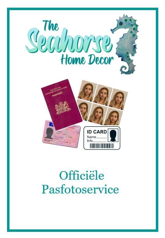 The Seahorse Home Decor logo with passport, ID cards, and Dutch text “Officiële Pasfotoservice”