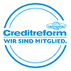 A blue circle with the words creditreform wir sind mitglied written inside of it.