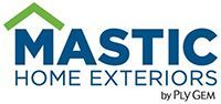 The logo for mastic home exteriors by ply gem is blue and green.