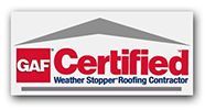 A gaf certified weather stopper roofing contractor logo on a white background.