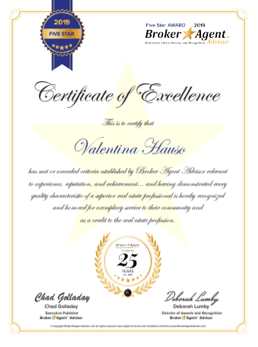 A certificate of excellence for valentina hanis is on a white background.