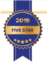 A blue and gold badge that says five star on it