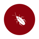 White cockroach icon on a dark red circle.