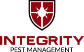Logo of Integrity Pest Management: maroon shield with a bug silhouette, black border,