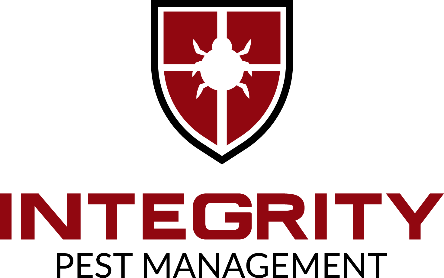 Logo of Integrity Pest Management: maroon shield with a bug silhouette, black border,