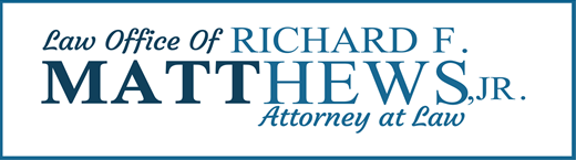 Law Office of Richard F. Matthews Jr. Attorney at Law. Blue and white logo.