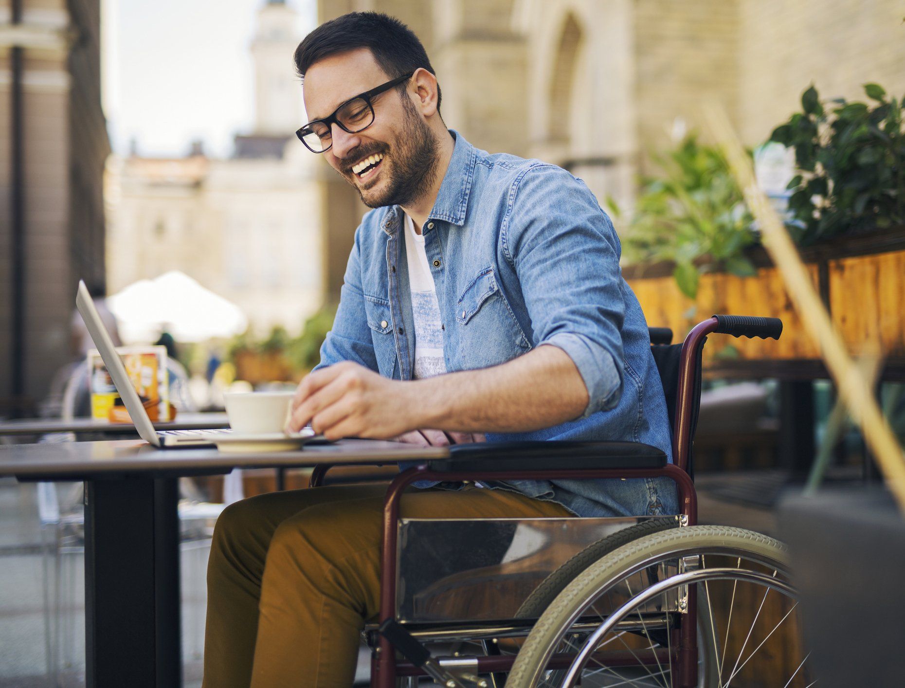 Handicap Transportation — Handicapped Man at Cafe in Louisville, KY Handicap Transportation — Handicapped Man at Cafe in Louisville, KY