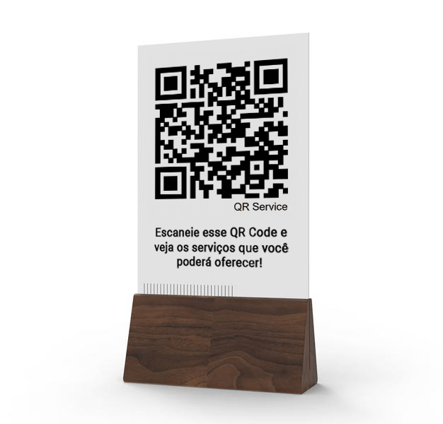 Um código qr em um suporte de madeira que diz serviço qr