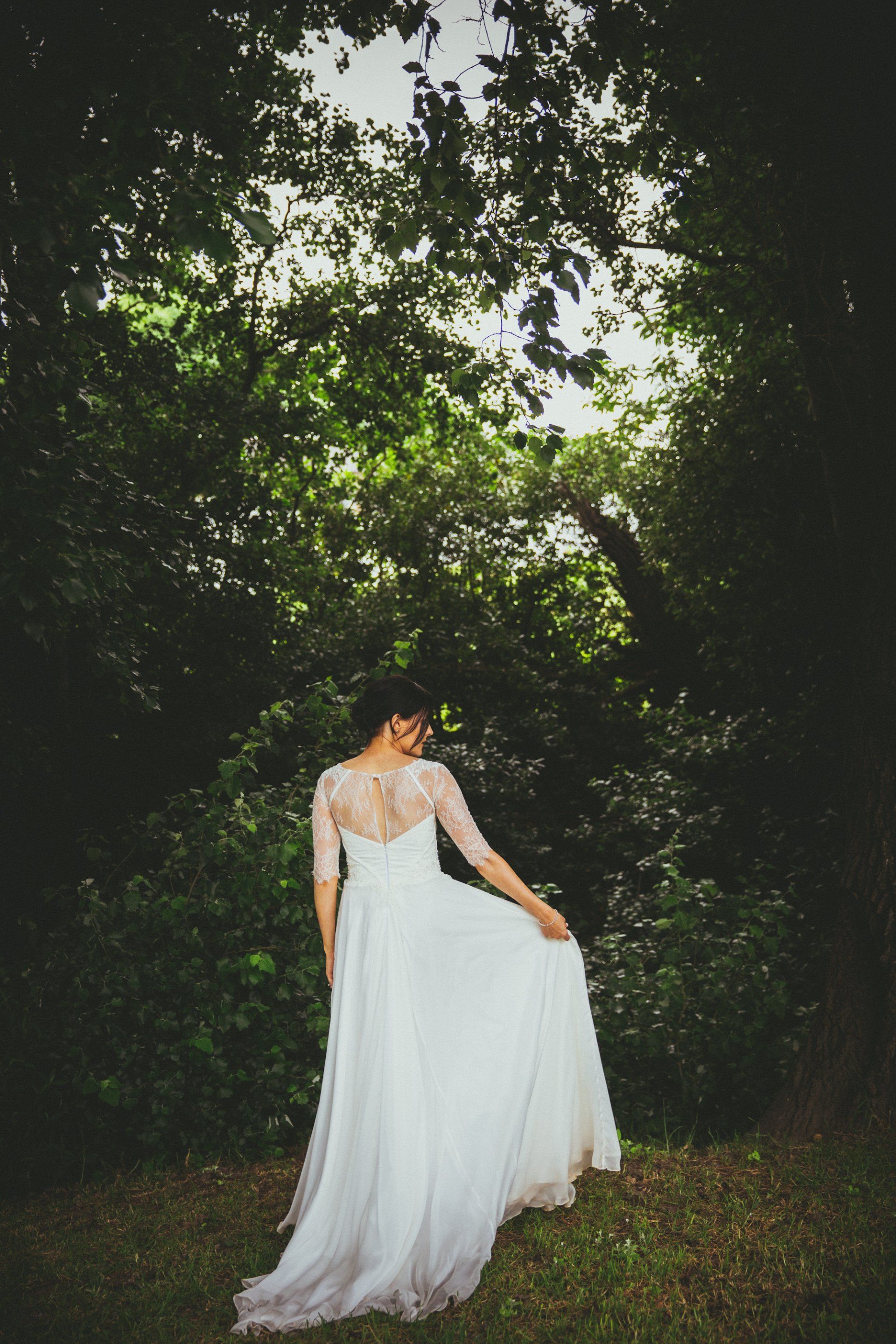 Lace backed bohemian wedding dress