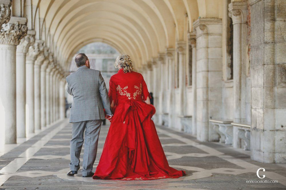 Red and Gold Venetian Bespoke Wedding Dress and Coat