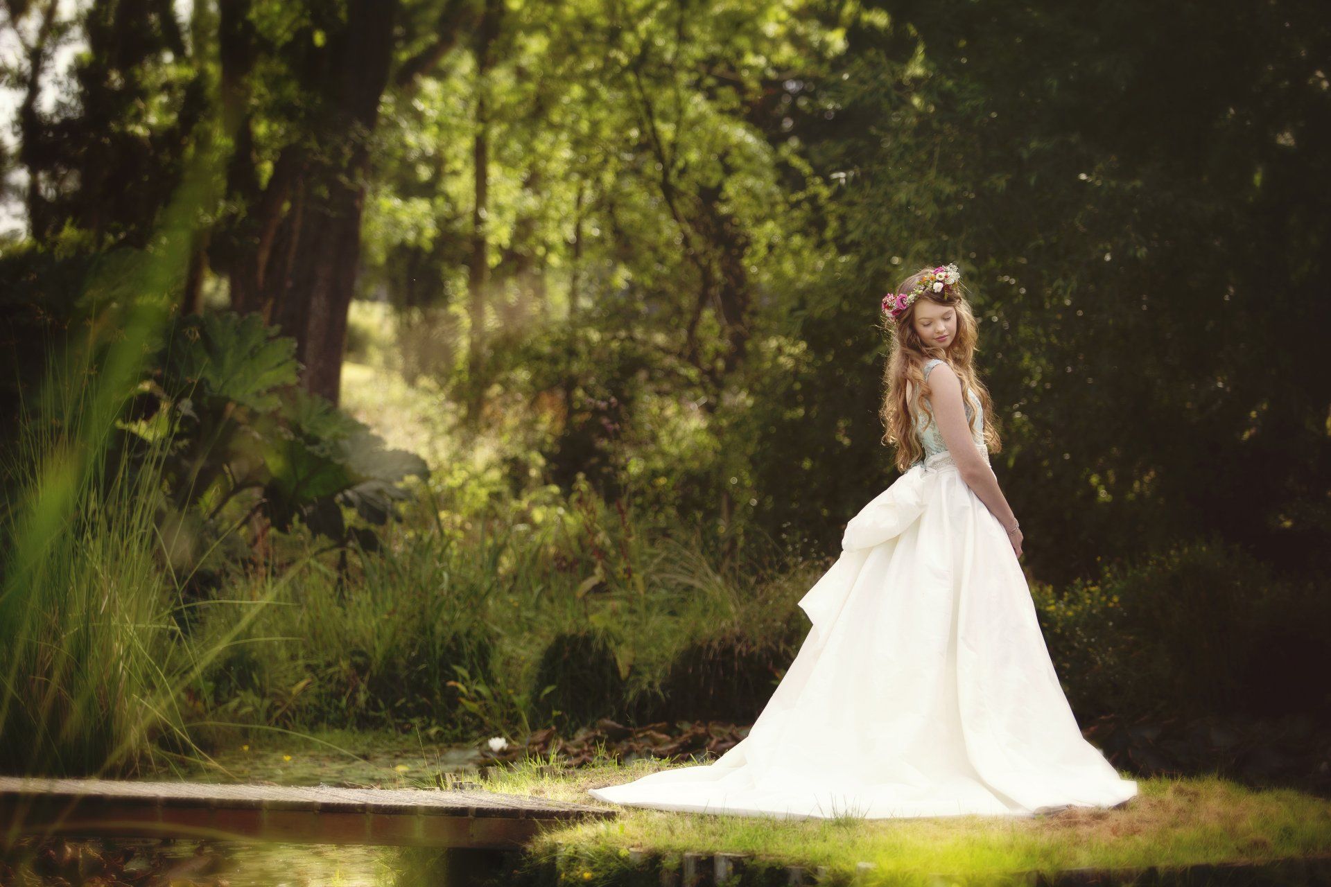 Large Bow back wedding dress, blue bodice beaded