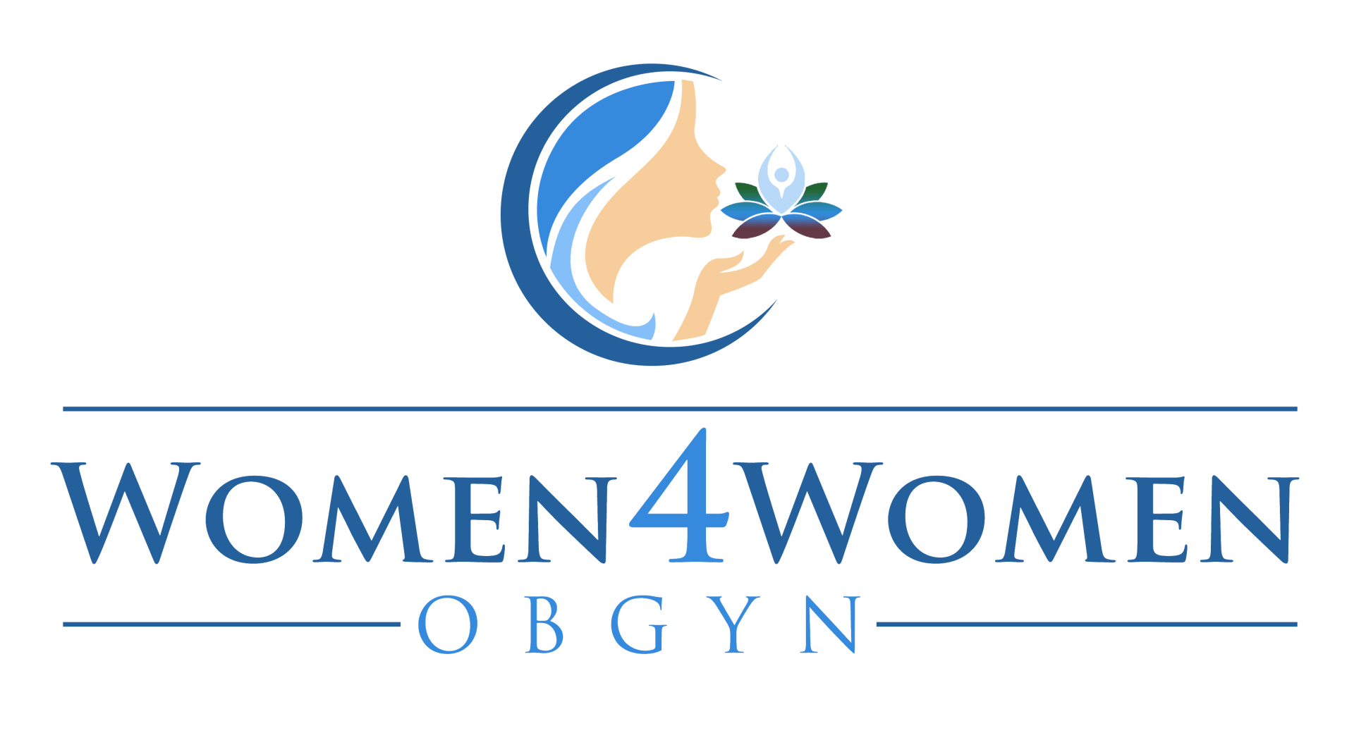 A logo for women 4 women obgyn with a woman holding a flower.