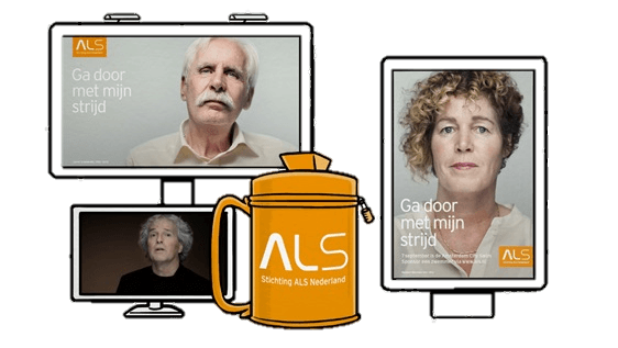 Campaign visuals for ALS featuring faces, screens, and an ALS-branded donation can. Dutch text: