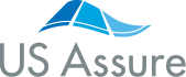 The logo for us assure is a blue triangle with a wave in the middle.