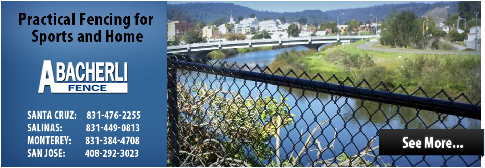 Ad for Bacherli Fence with a chain-link fence, a river, and contact info.