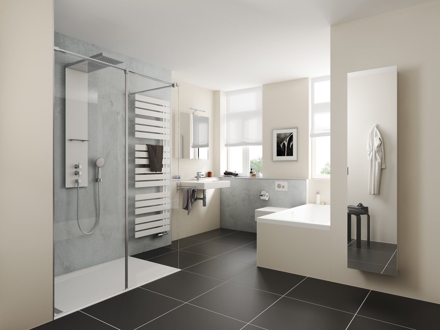 Bad mit großen Fliesen, Badewanne und Walk In Dusche