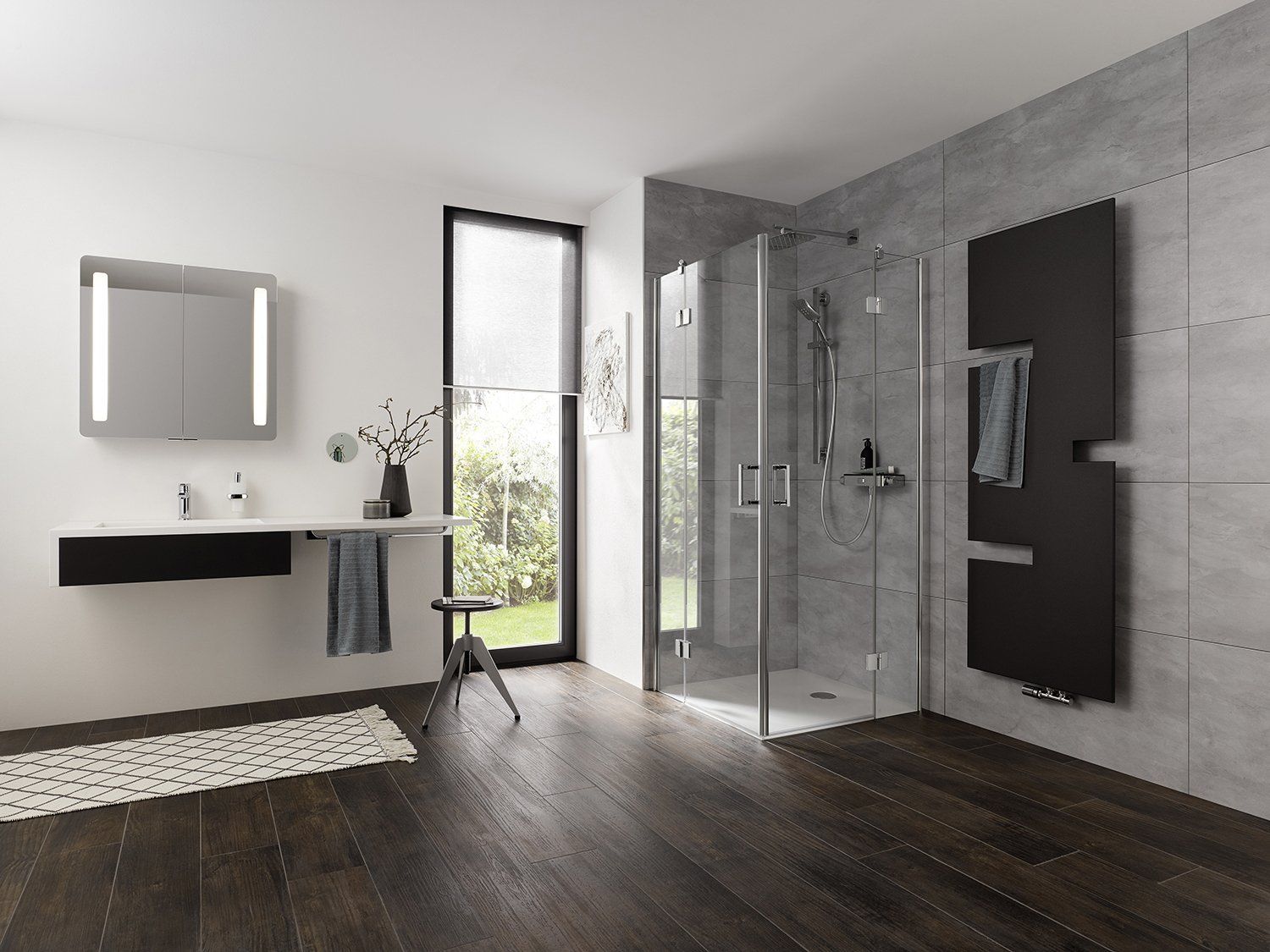 Badezimmer Holzboden & Dusche mit Eckeinstieg