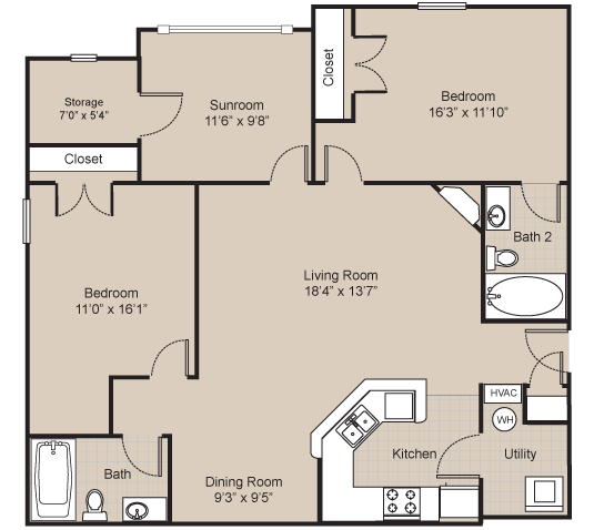 2 bedroom with sunroom