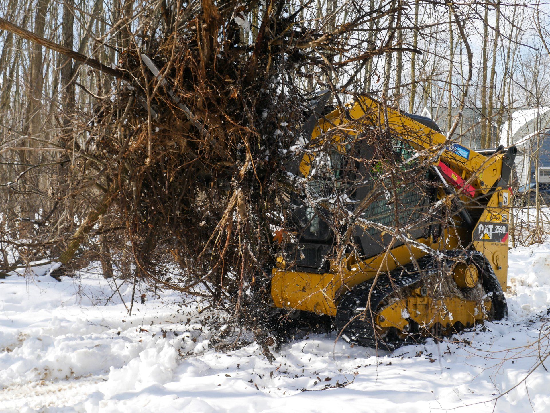 A yellow tractor is carrying a pile of branches in the snow.