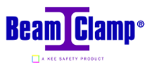 A blue and purple logo for beam clamp a safety product