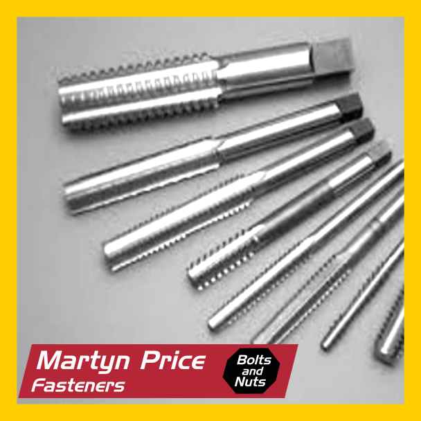A bunch of taps are on a table with the words martyn price fasteners on the bottom
