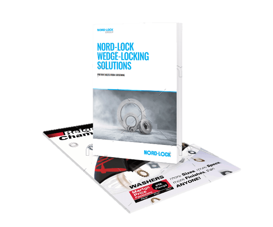 A book titled nord-lock wedge locking solutions is sitting on top of a magazine.
