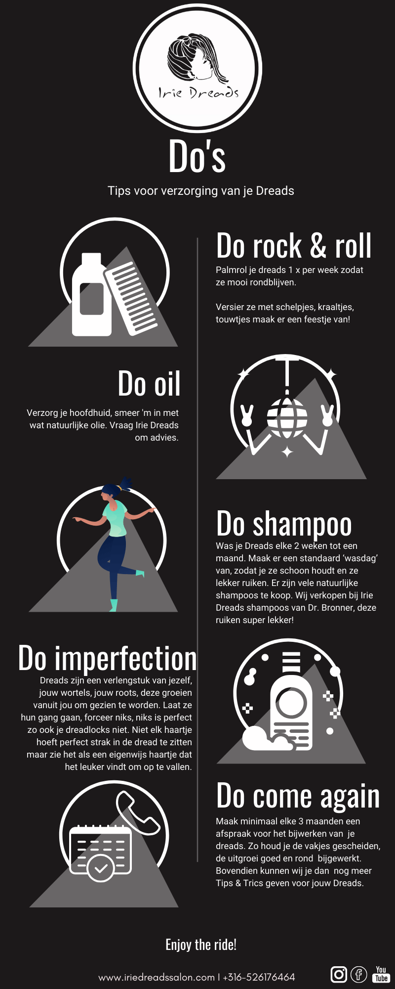 Infographic met 'Do's' voor je haar, inclusief oliën, rock & roll, imperfecties, shampooën en opnieuw wassen.