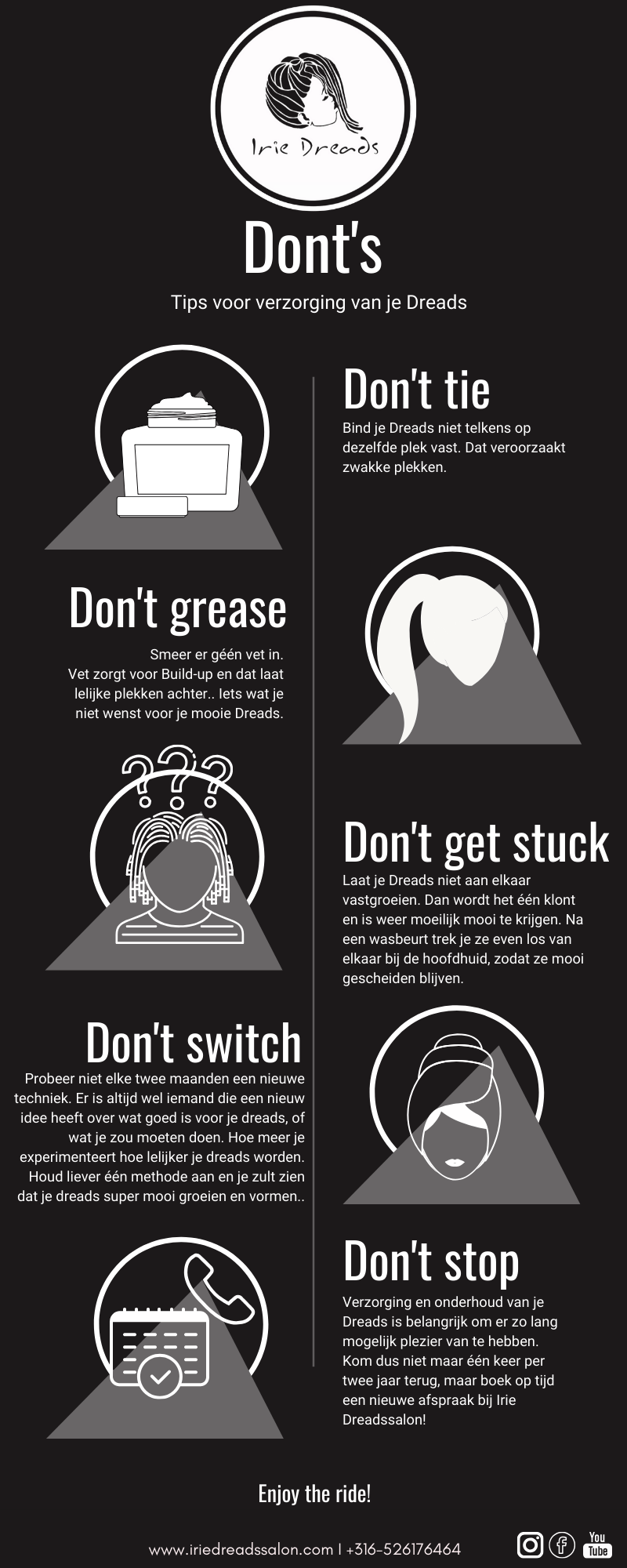 Infographic met tips over wat je niet moet doen: smeren, vastbinden, vast komen te zitten, stoppen, wisselen, met pictogrammen op een zwarte achtergrond.
