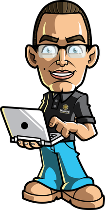 A cartoon of a man holding a laptop computer.