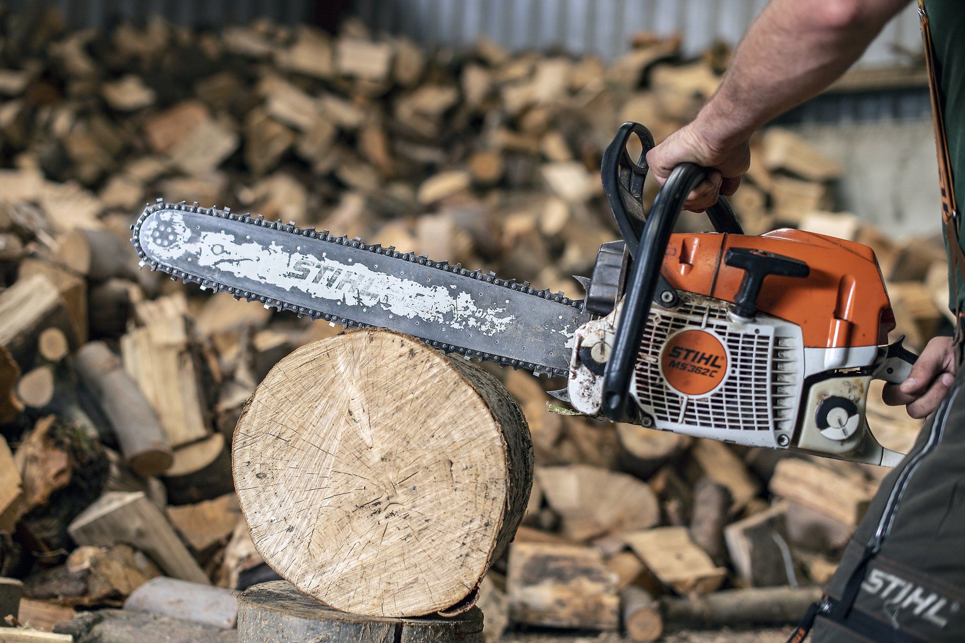 Central Woodside Tree Services staff member cutting down a tree stump into logs with a chainsaw