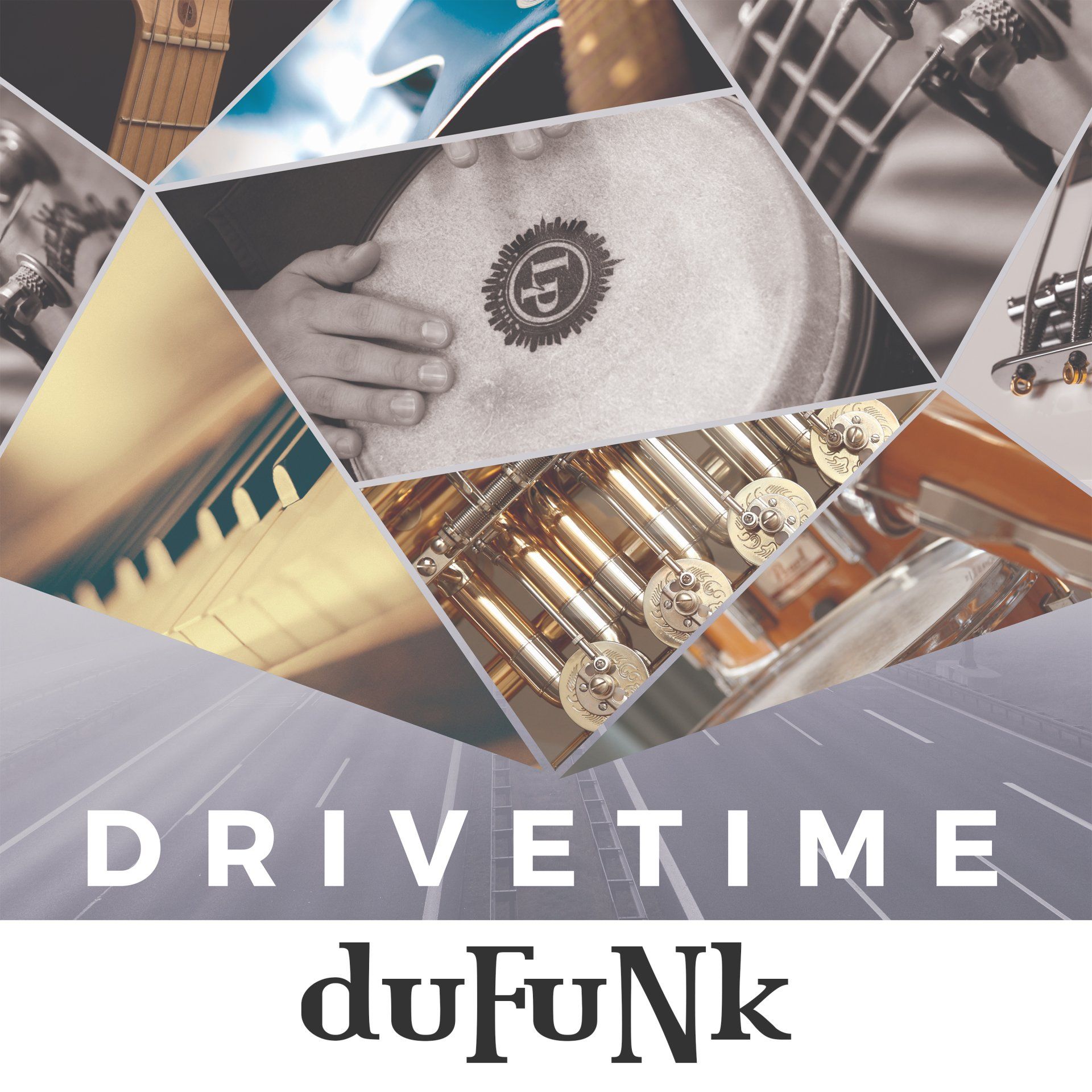Stylized collage with the words “DRIVETIME” and “duFuNk” in bold white and black text.