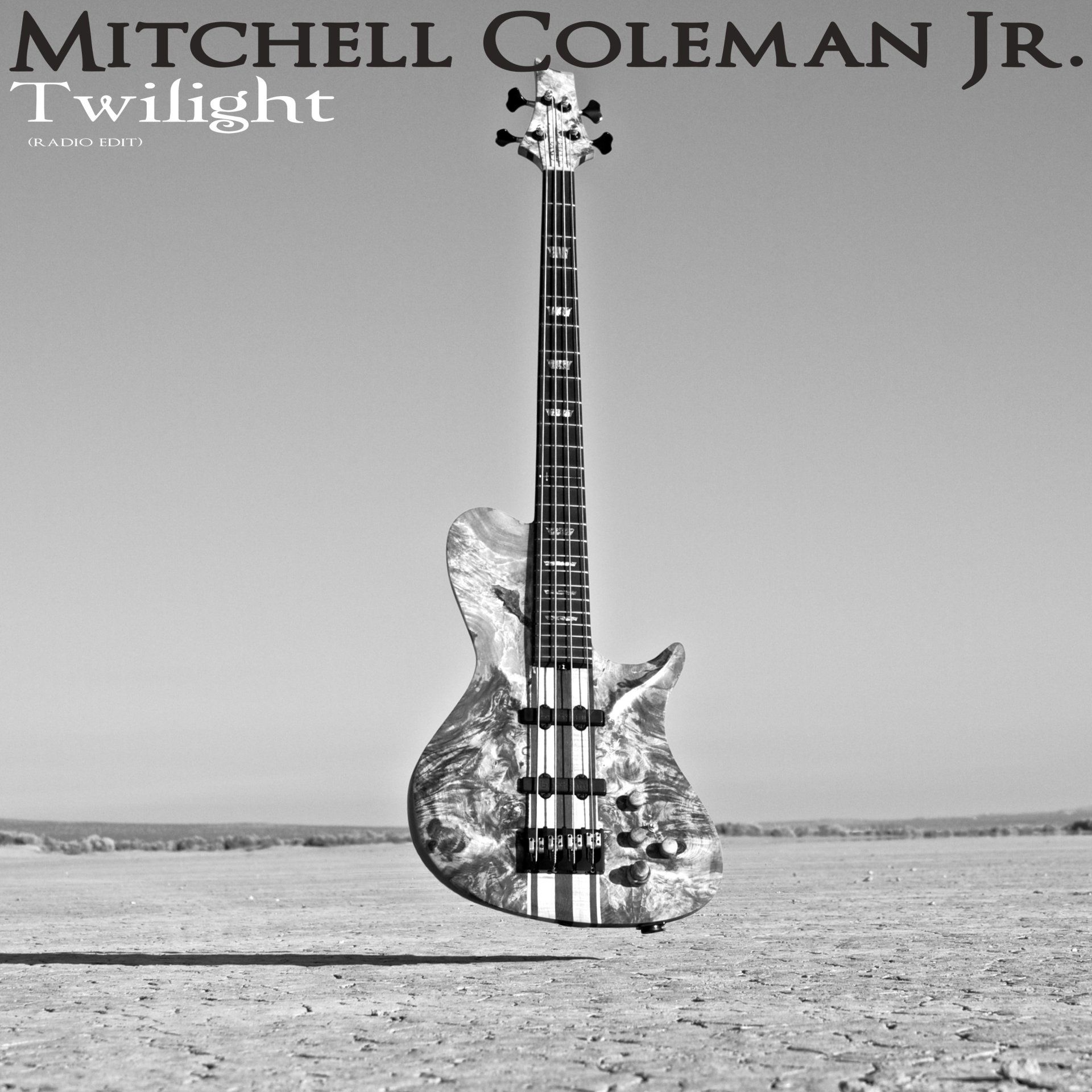 Black-and-white album cover of a guitar standing in a barren landscape, titled “Mitchell Coleman Jr. Twilight”