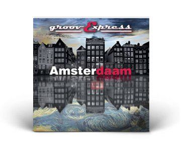 Album cover for “Amsterdam,” featuring black canal houses reflected in water against a blue sky.