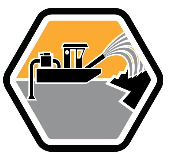 A black and white icon of a boat with a hose coming out of it.