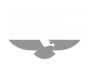 A silhouette of an eagle with its wings spread on a white background.