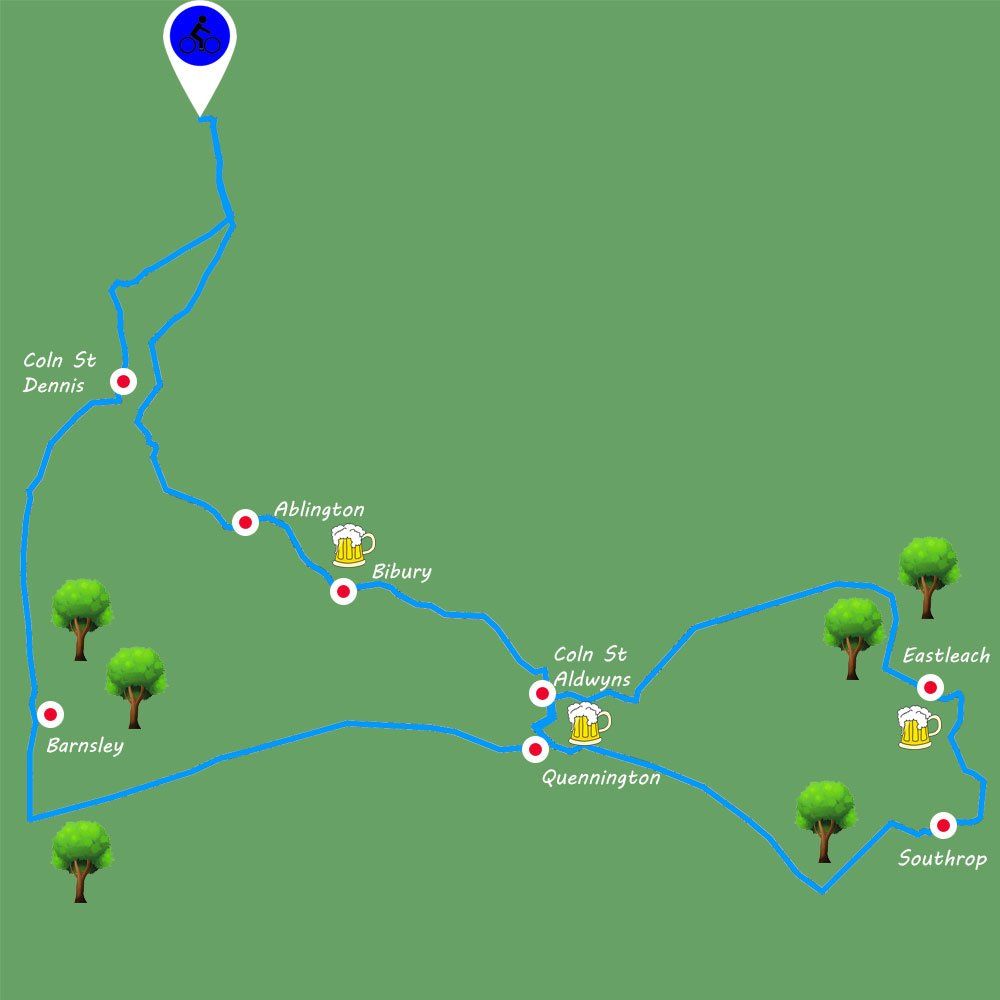 A map of a river with trees and beer mugs on it