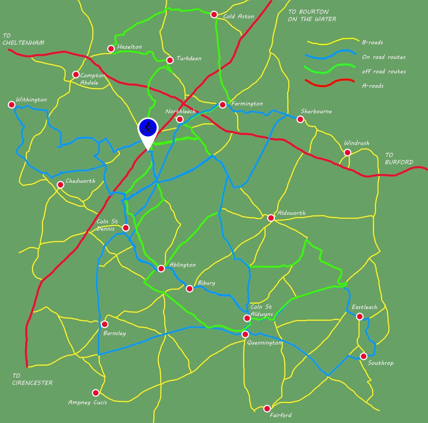 A green map with a blue circle in the middle