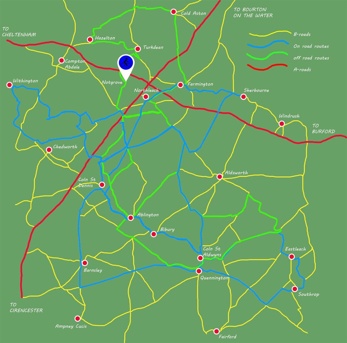 A green map with a blue pin pointing to a city