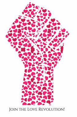 A fist made of pink hearts and the words join the love revolution