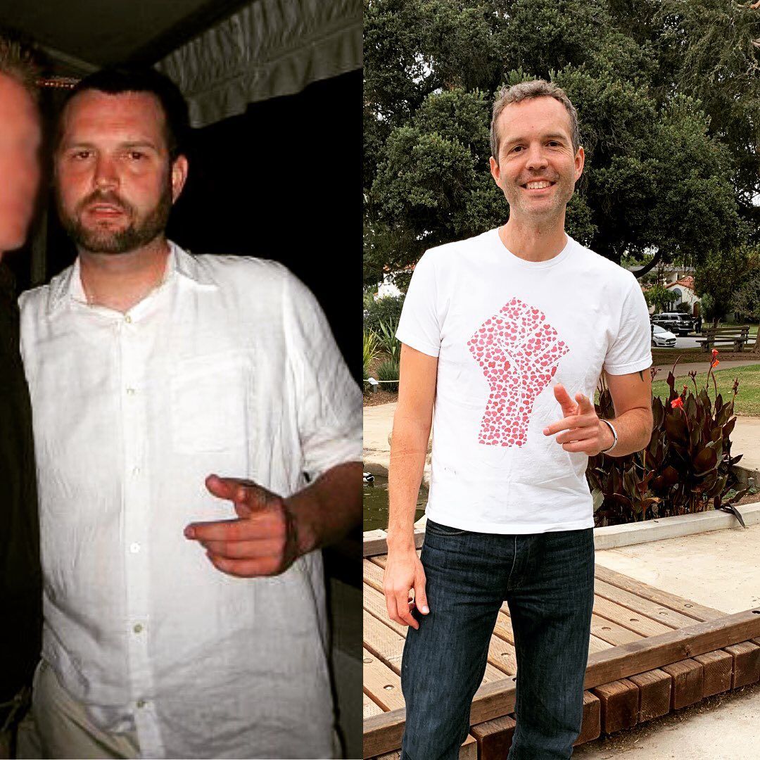 A man in a white shirt and a man in a red shirt