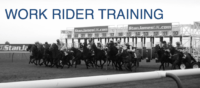A black and white photo of a race track with the words work rider training above it