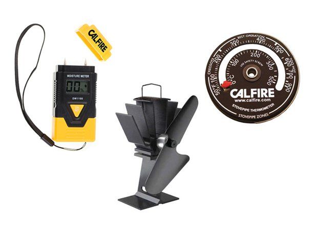 Wood-burning tools: moisture meter, wood stove fan, and thermometer, all CALFIRE brand.