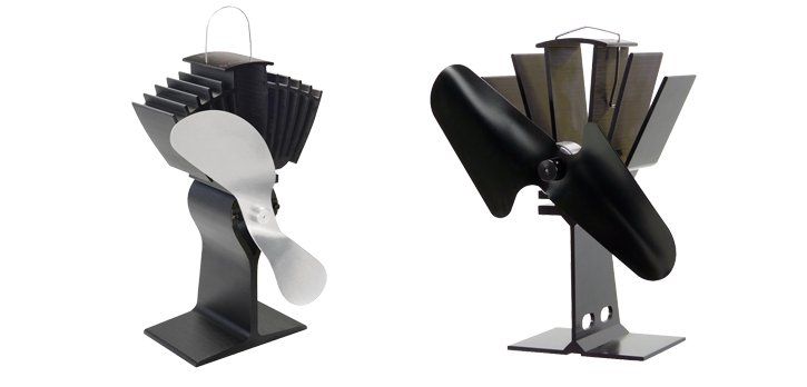 Heat-powered stove fans in black and silver, designed to improve heat circulation from wood burners