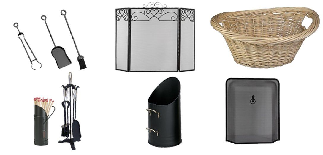 Fireplace accessories set with tools, guard, basket, and coal bucket