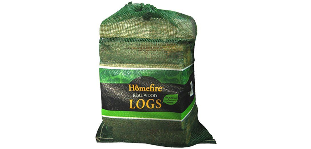 Bag of Homefire real wood logs in green net packaging