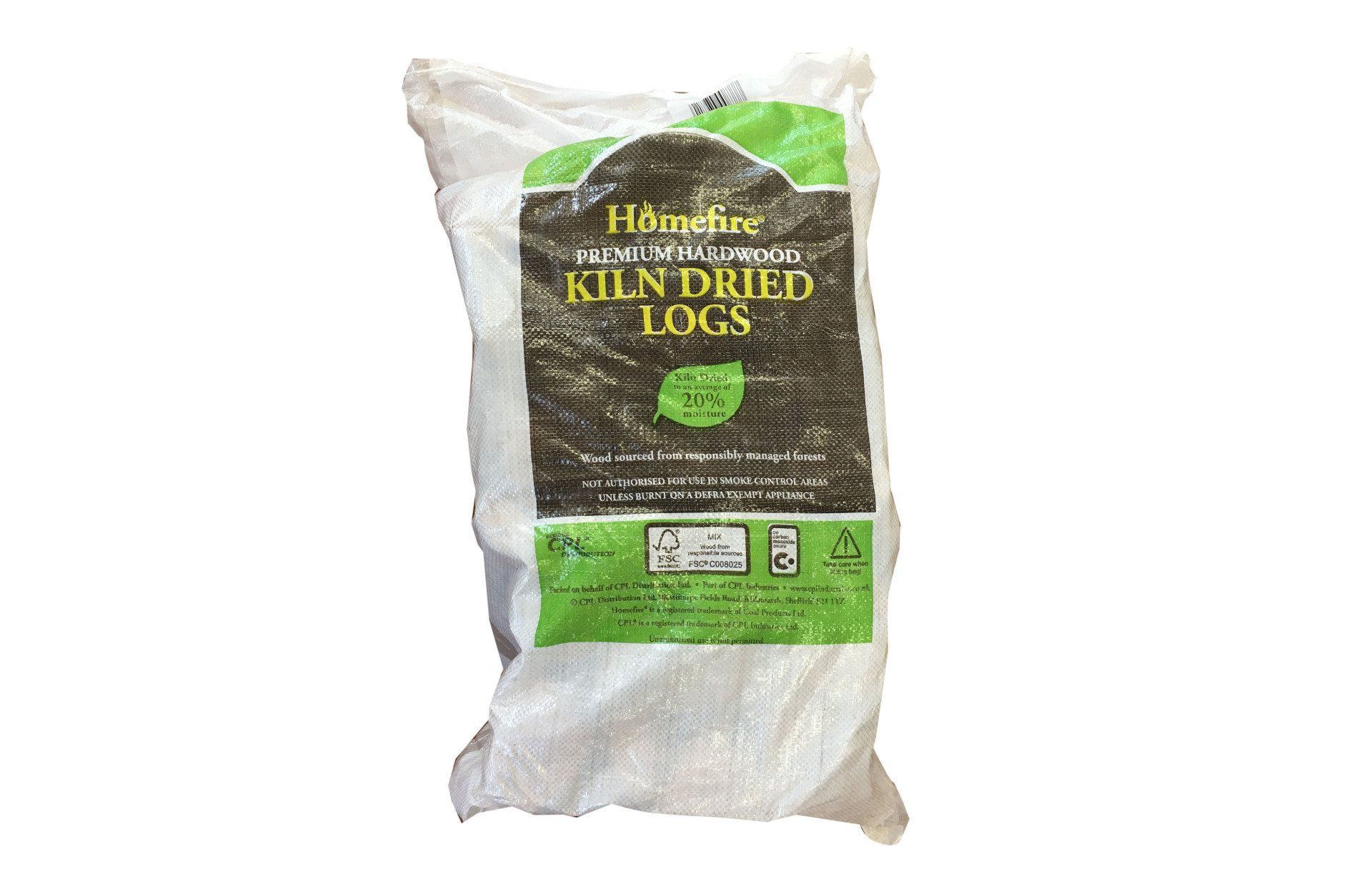 Bag of Homefire kiln dried hardwood logs with low moisture content