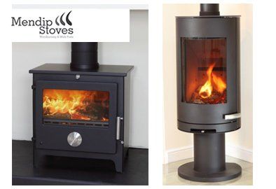 Two black Mendip wood-burning stoves with burning flames, one rectangular, one cylindrical.