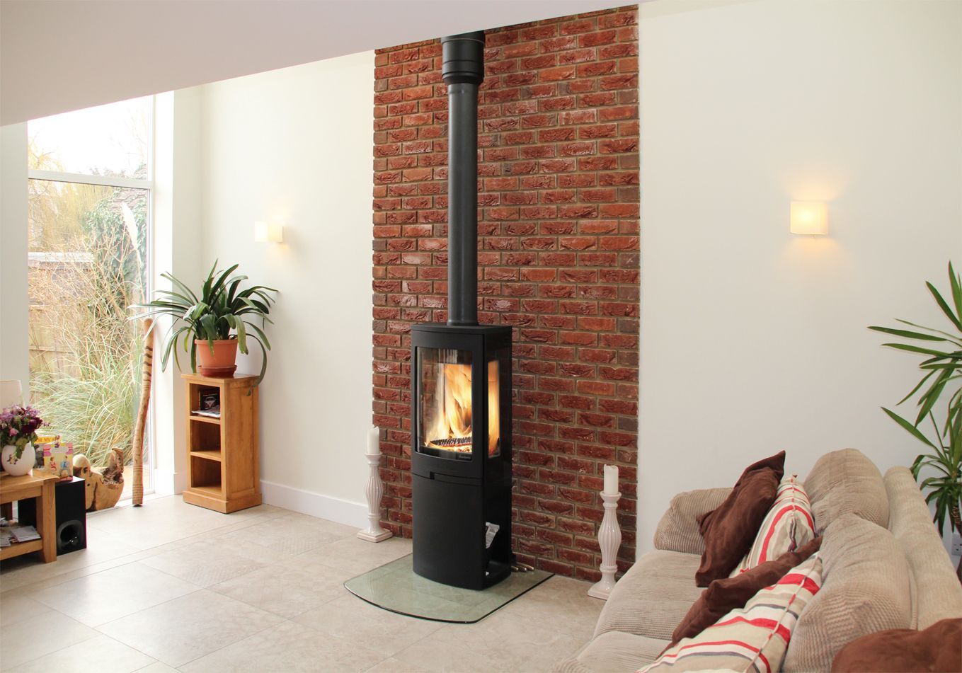 Sleek black wood-burning stove in modern living room