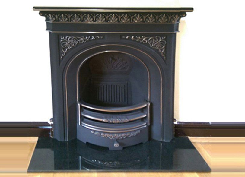 Ornate black cast iron fireplace with decorative detailing and black hearth