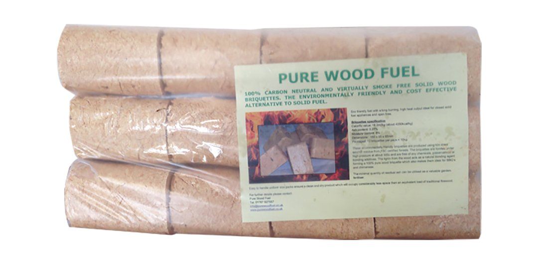 Pack of pure wood fuel briquettes wrapped in plastic